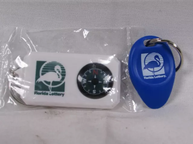 RARE Florida Lottery Key Ring Keychain TICKET SCRATCHER & Flamingo COMPASS LOTTO