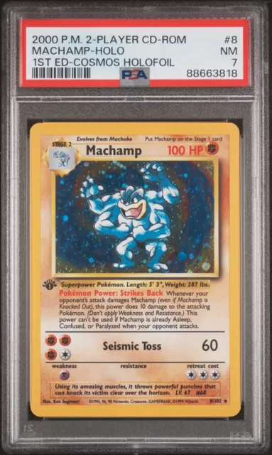 PSA 7 Machamp Cosmos Holofoil 8/102 1st Edition Base Set 1999 Pokemon Card