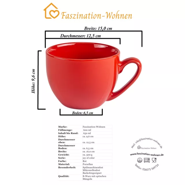 Große Tasse XXL Jumbotasse Jumbo Becher 600ml Teetasse Suppentasse Porzellan Rot 3