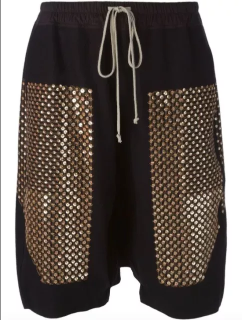 NWT RICK OWENS Wool Drop Crotch Black Gold Sequin Shorts Sz 40 US 6 F/W 15 $874