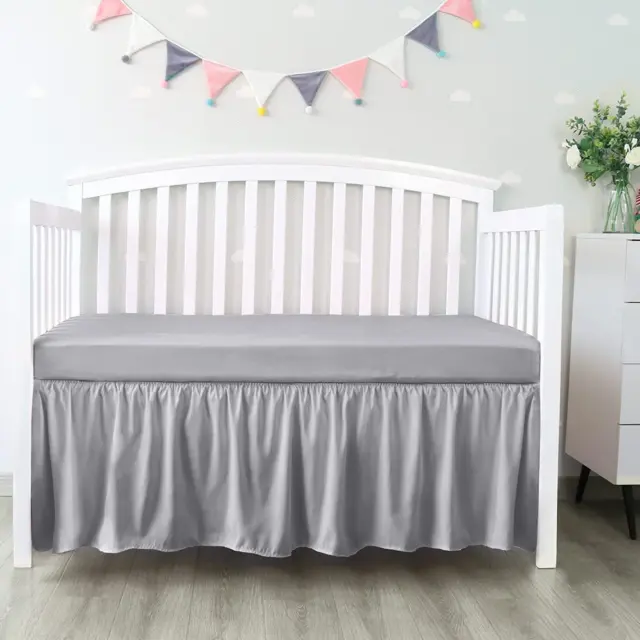 Crib Bed Skirt Grey 4 Sides Pleated Dust Ruffle Bed Skirt, Adjustable Nursery Cr