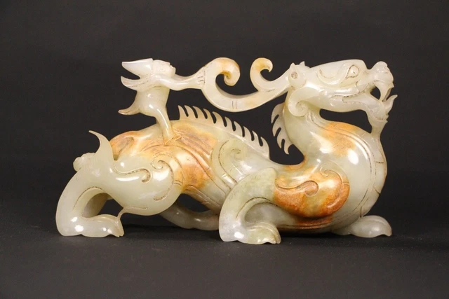 Chinese Exquisite Handmade Dragon carving Hetian Jade Statue