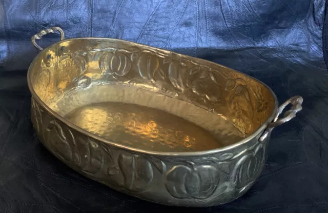 XL Brass Hammered Oblong Planter Container Fruits Design. India Made. 15”x10”x4”