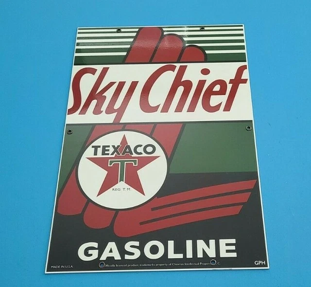 Vintage Texaco Sky Chief Motor Oil Porcelain Metal Gasoline Pump Plate 18" Sign