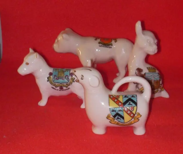 Crested China DOGS Leicester , Bath , Glastonbury , BURNHAM Crests