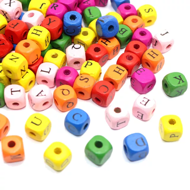 100 Mixed Bright Candy Color 10mm Cube Wood Alphabet Letter Beads