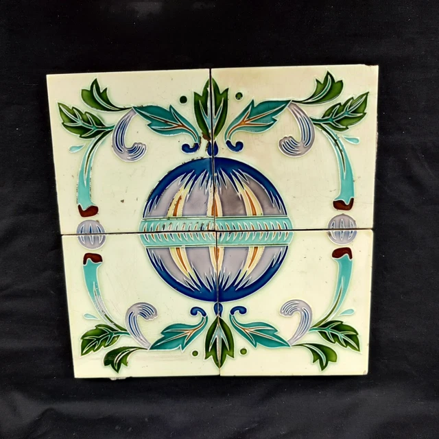 Vintage Globe Design Embossed Nouveau Architecture Furniture Tiles Japan 4Pc