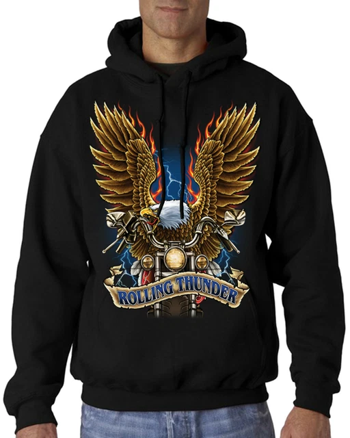 Velocitee Mens Hoodie Rolling Thunder American Motorcycle Eagle Biker A22823