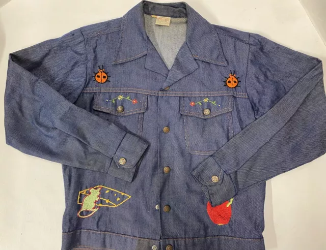 Vintage Kids Youth Childs Sz 18 Denim Jean Billy The Kid Patches Coat Jacket (c)