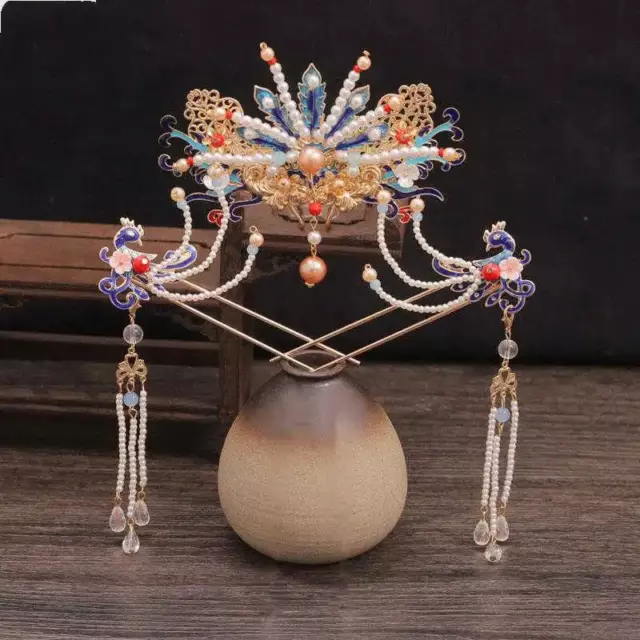 Chinesisch Hanfu Haarnadel Blume Quasten Haarspange Krone Braut Kopfschmuck