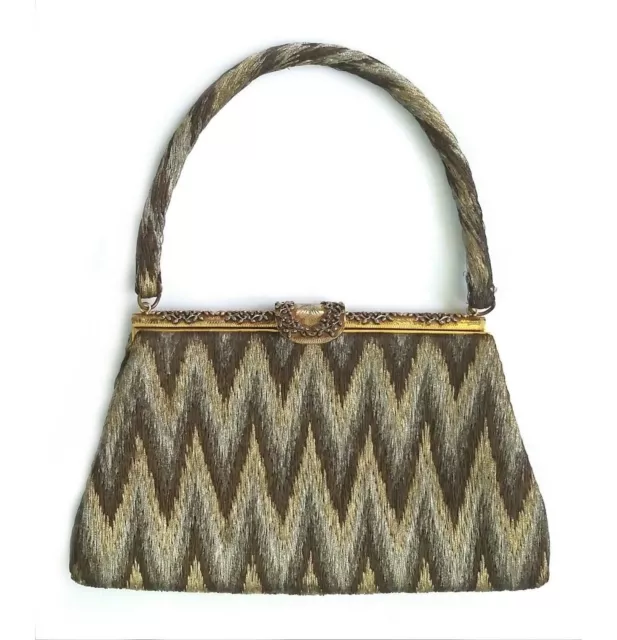 Rare Vintage Purse Gold & Silver Metallic Thread Zig-Zag Pattern, Jeweled Frame