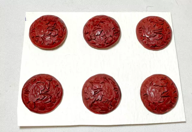 6 antique 19th century handmade Chinese carved red lacquer cinnabar buttons