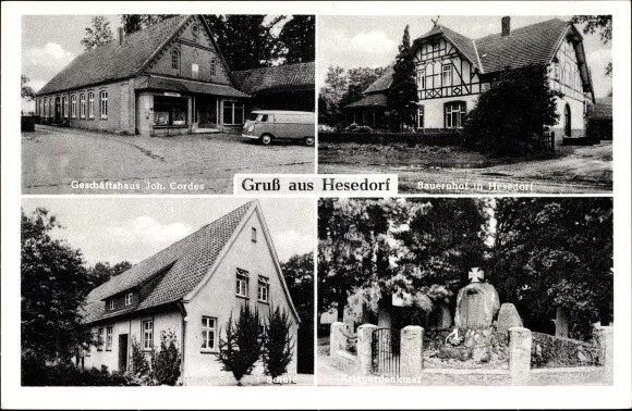 Ak Hesedorf-Gyhum, Gruß aus Hesedorf, Geschäftshaus Joh. Cordes, Schule, Ehrenma