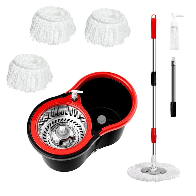 360° Head Easy Spin Dry Floor Mop Bucket 3x Mop Head Microfiber Rotating