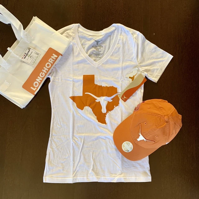 Texas Longhorns UT Women’s White V Neck T-shirt Size XS Cap Hat And Tote Bag
