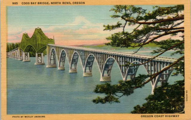 Postcard Oregon North Bend Coos Bay Bridge Oregon Coast Hwy Linen Unposted