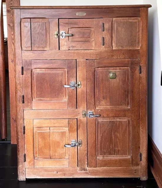 A Large Antique Oak Paneled Ice Box - Original Lined Interiors