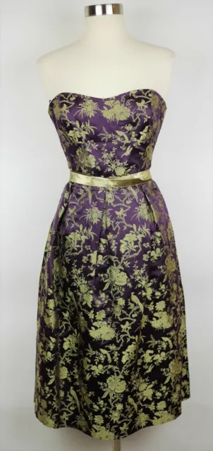 David Meister Women's 6 Purple & gold floral strapless silk dress A-line flared