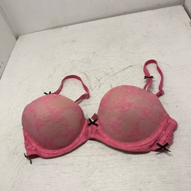 Betsey Johnson Intimates Bright Pink Lace Bra Size 32B Black Bow Accents
