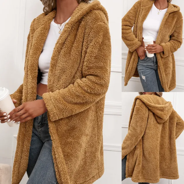 Womens Teddy Bear Fleece Hoodie Cardigan Winter Warm Trench Coat Jacket Overcoat