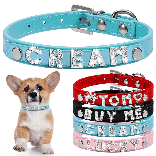 Personalised Dog Cat Pet NAME Collar PU Leather Rhinestone Diamante DIY Collars