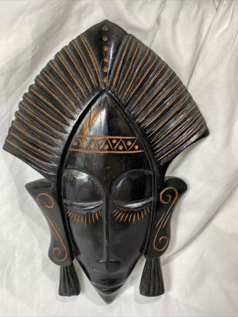 Vintage Hand Carved Wooden Folk Art African Themed Mask Wall Hanging