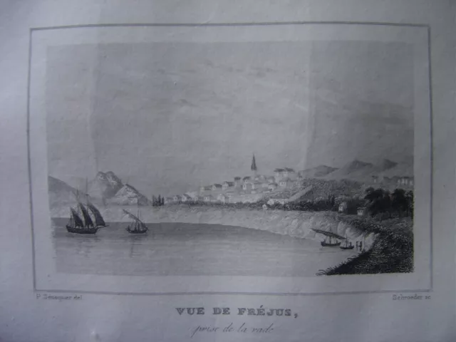 Gravure Vue de Fréjus prise de la rade Vers 1840 Département du Var