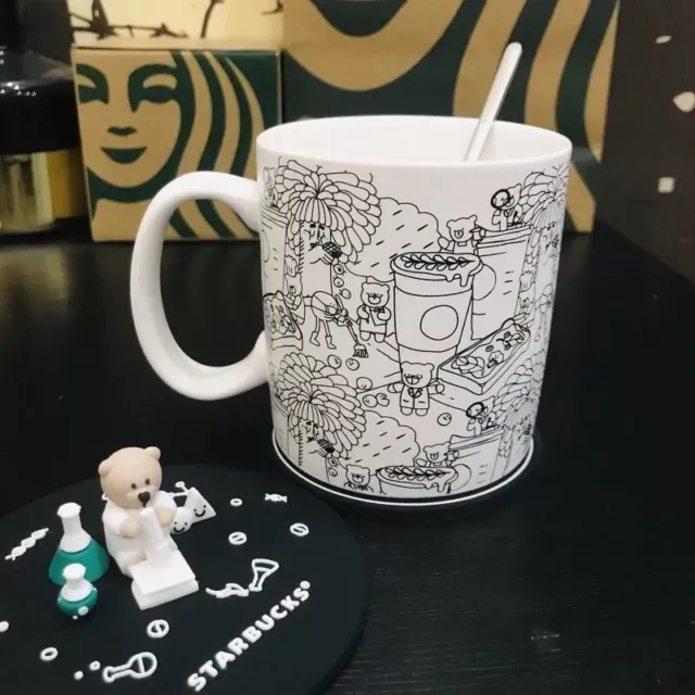 HOT Starbucks Lovely Bear Ceramic Cup set Coffee Mug w/ lid spoon coaster Sakura 3