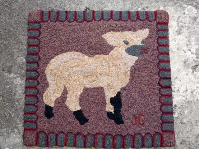 Vintage American Folk Art Hand Hooked Rug With A Lamb 30" by 30"
