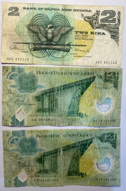 PAPUA NEW GUINEA 2 Kina 1970s x1 Paper Banknote 2000s x2 Polymer Banknotes Circ