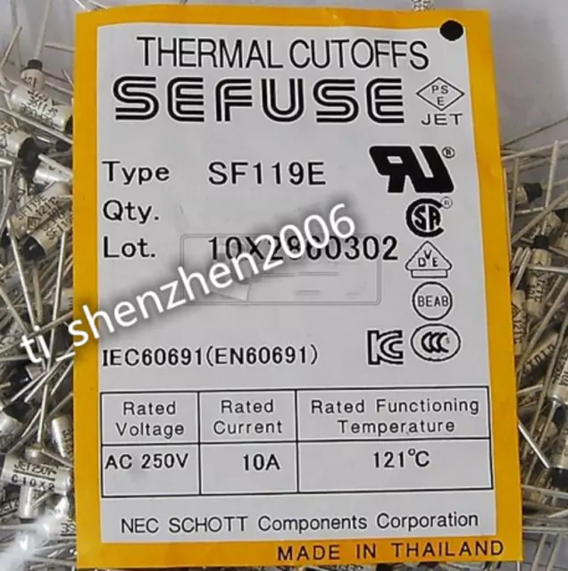 7pcs SF119E SEFUSE Cutoffs NEC Thermal Fuse 121°C Celsius Degree 10A 250V