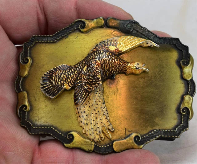 Flying Wild Turkey Brass Belt Buckle