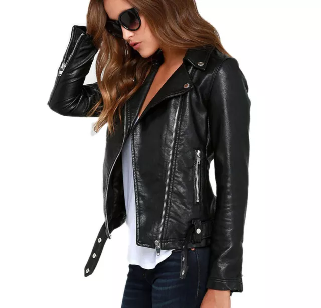 Women's Jacket Genuine Lambskin Leather Black Motorcycle Slim Fit Designer Biker