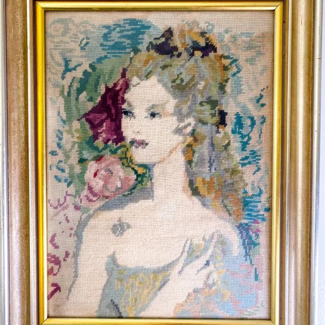 Vtg Soft Lady Needlepoint Impressionist Wall Art Custom Framed Glare-Free Glass