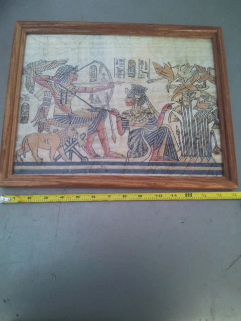 Framed Very Nice 12" x 15" Hand Painted Egyptian Themed Artwork on Papyrus