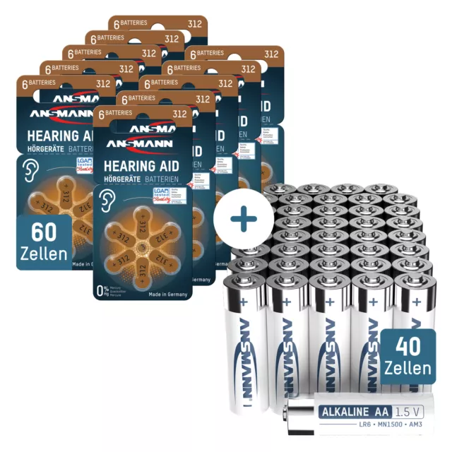 ANSMANN 60x Hörgerätebatterien Braun Typ 312 P312 + 40x Batterien AA Alkaline