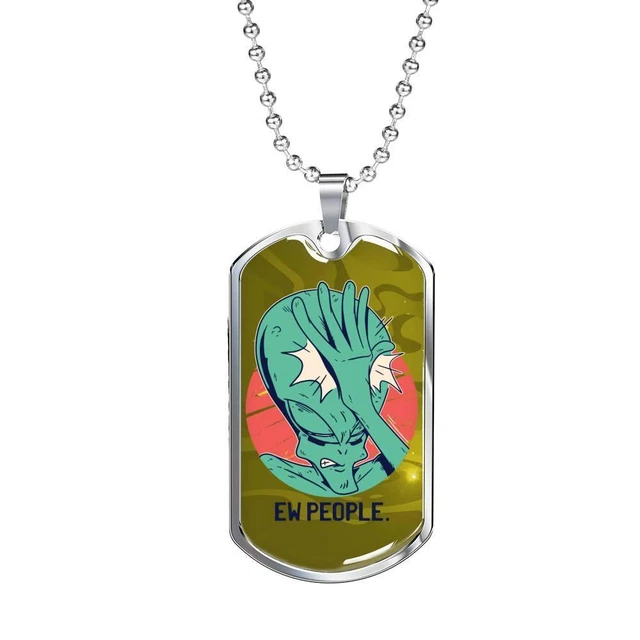 Alien UFO Fan Gift Alien Face Palm Necklace Stainless Steel or 18k Gold Dog Tag