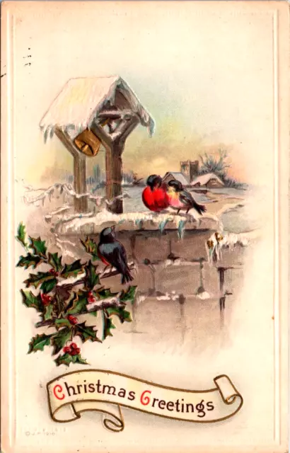 Postcard Christmas Greetings Birds Bell Snow Holly Berries 1916