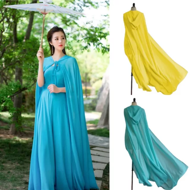 Damen Chiffon Umhang Cape Cosplay Jacke Kostüm Lang Robe mit Kapuze Retro