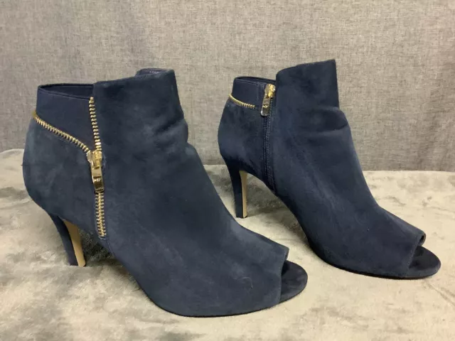 MARC FISHER Serenity Peep Toe Blue Suede Stretch Side Zip Booties | Size 9.5W