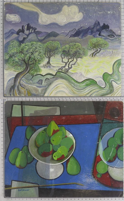 Viejo Pintado Frente Doble Paisaje Naturaleza Morta Firmado Reynaud Bsn