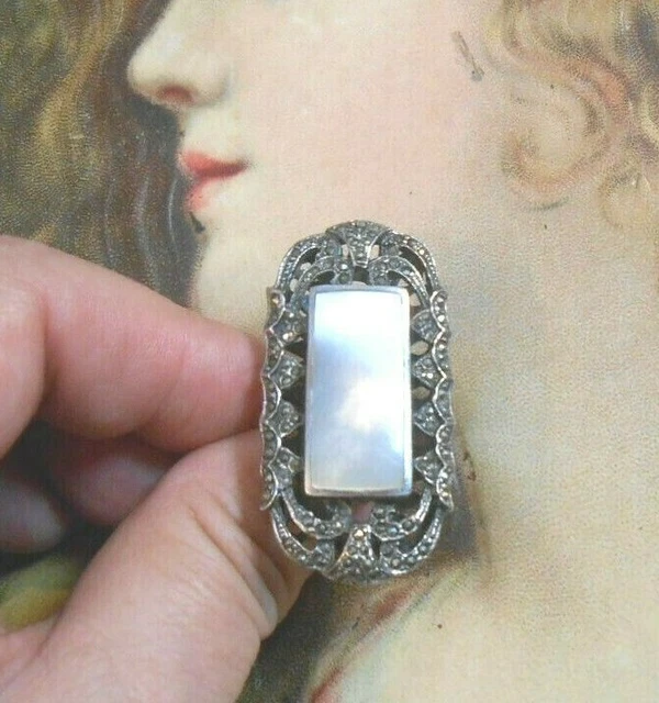 Bague Art Déco Argent 925 Avec Nacre Et Zircons - Taille 54 - Occasion