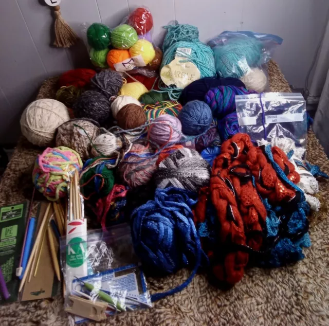 Large Lot Of Mixed Yarn New & Used With Accessories Over 10lbs