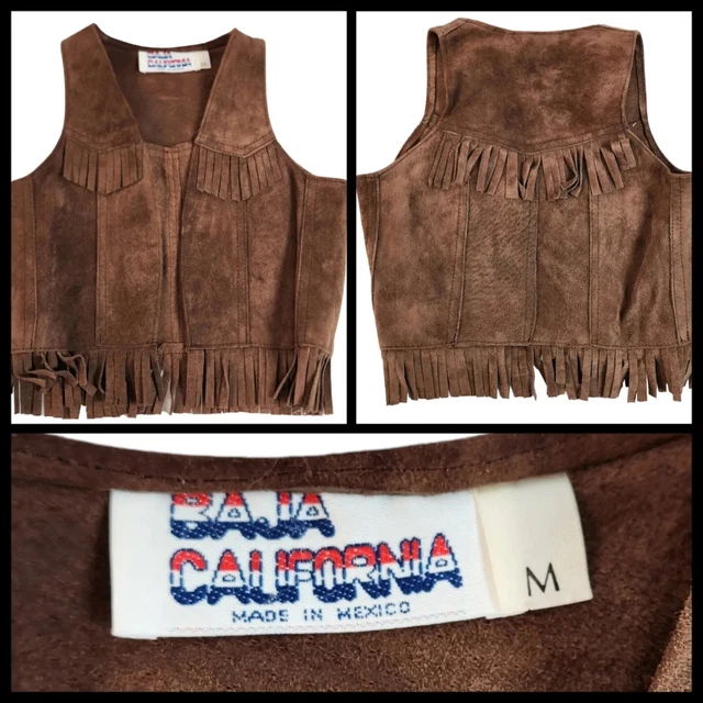 Vtg Baja California 60s Suede Leather Vest Children Kids Brown Western Fringe