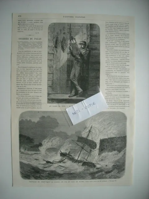 1869 Engraving. Shipwreck Du Tres-Mats Le Lerida, Port Du Havre. A Madrid Guard Of