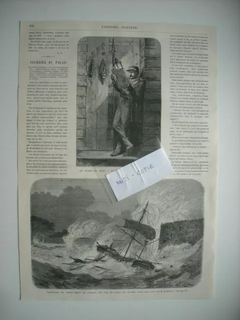 Gravure 1869. Naufrage Du Trois-Mats Le Lerida, Port Du Havre. A Madrid Garde De