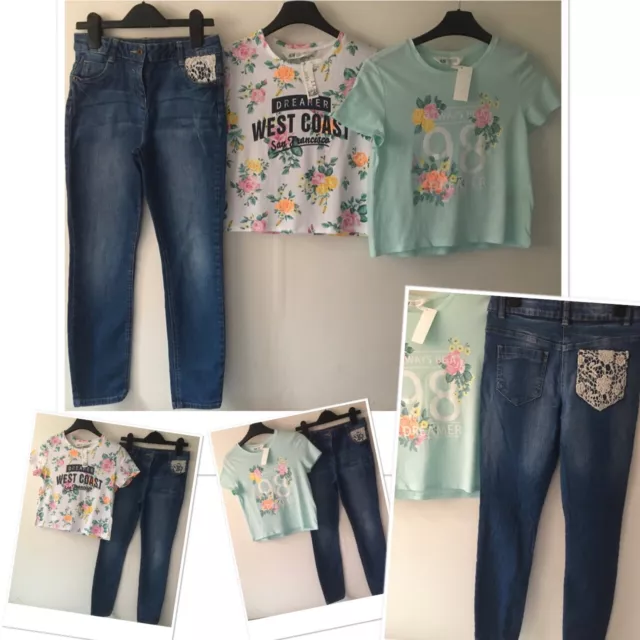 Jeans tascabili all'uncinetto per ragazze George & NUOVI H&M top adattibili 9-10 anni
