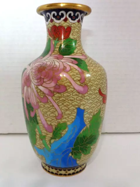 Vintage Chinese Wire Cloisonné Enamel Blue Bird Flowers Clouds Vase 7.25"