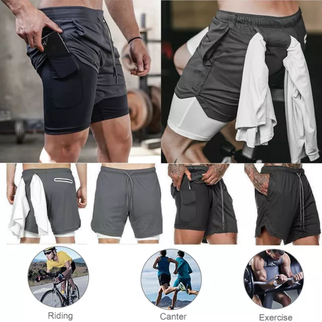 Men's 2 in 1 Sports Running Shorts Gym Training Fitness Bottoms With Pockets