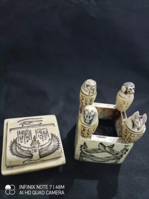 UNIQUE ANCIENT EGYPTIAN Stone Statue Canopic Jars Box Isis Anubis Handmade